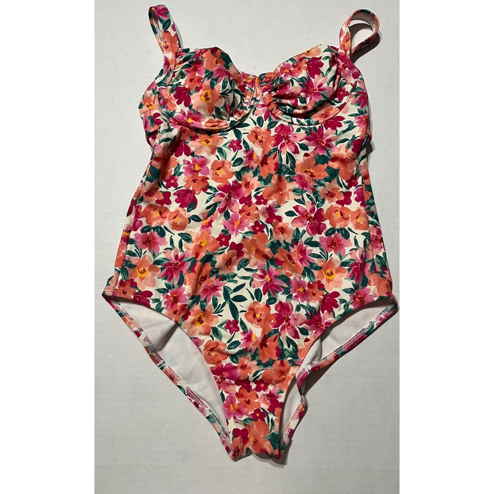 Shade & Shore Women Floral Underwire One Piece Swimsuit Pink Orange Small NWT